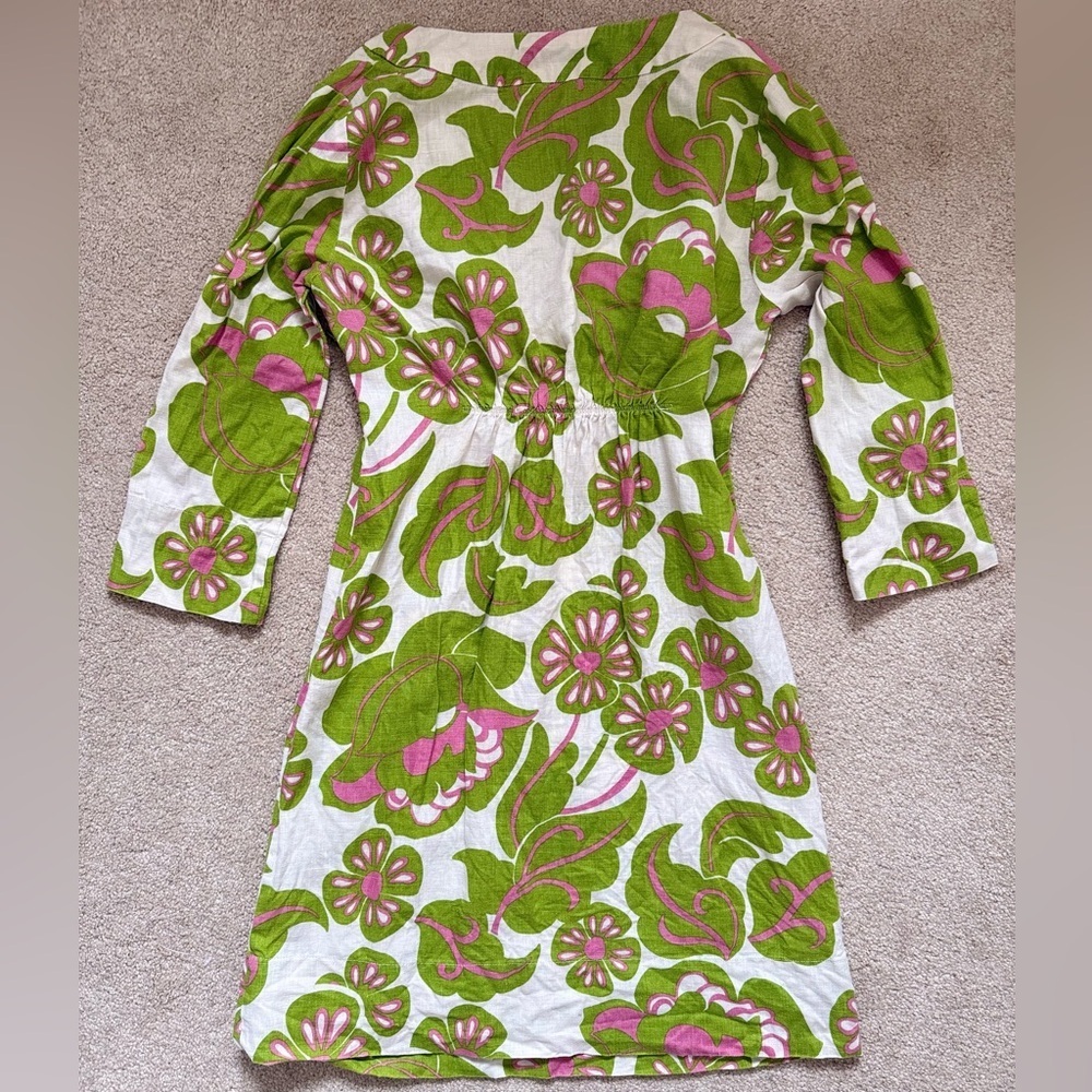 Vintage Boden Green & Pink Floral Tunic Mini Dress 100% Linen Y2K 70s - Picture 8 of 10